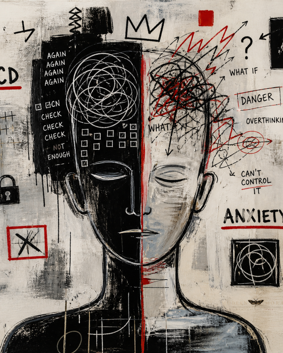 Abstract split-brain illustration showing OCD vs anxiety, with repetitive loops on one side and chaotic scribbles on the other inside a human head.