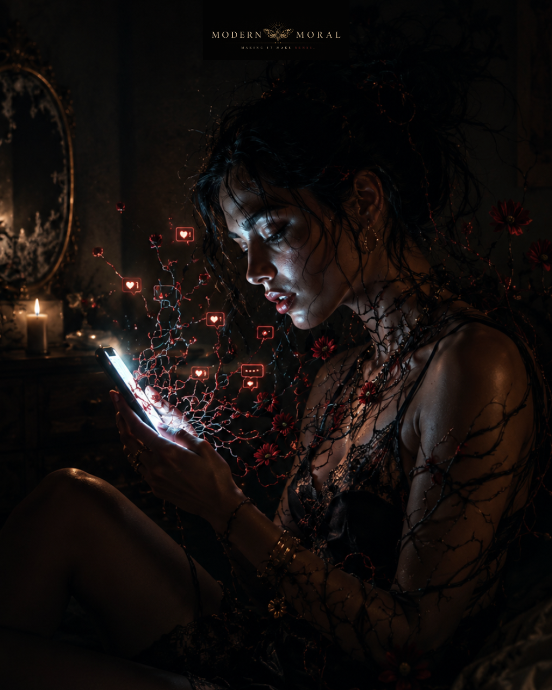 Dark cinematic artwork symbolizing social media addiction, dopamine, sex, and creative energy in modern culture.