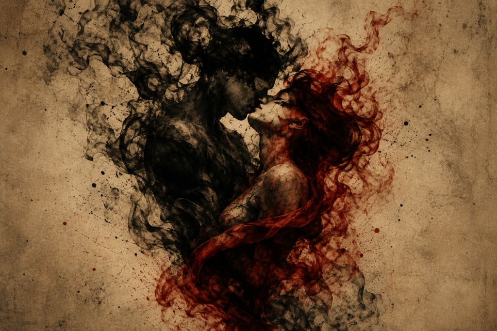 A man and woman intertwine in smoke.